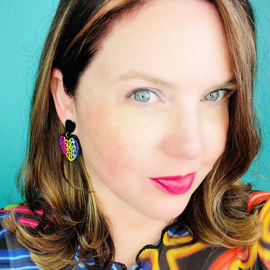 Rainbow Electric Leopard Print Heart Acrylic Earrings