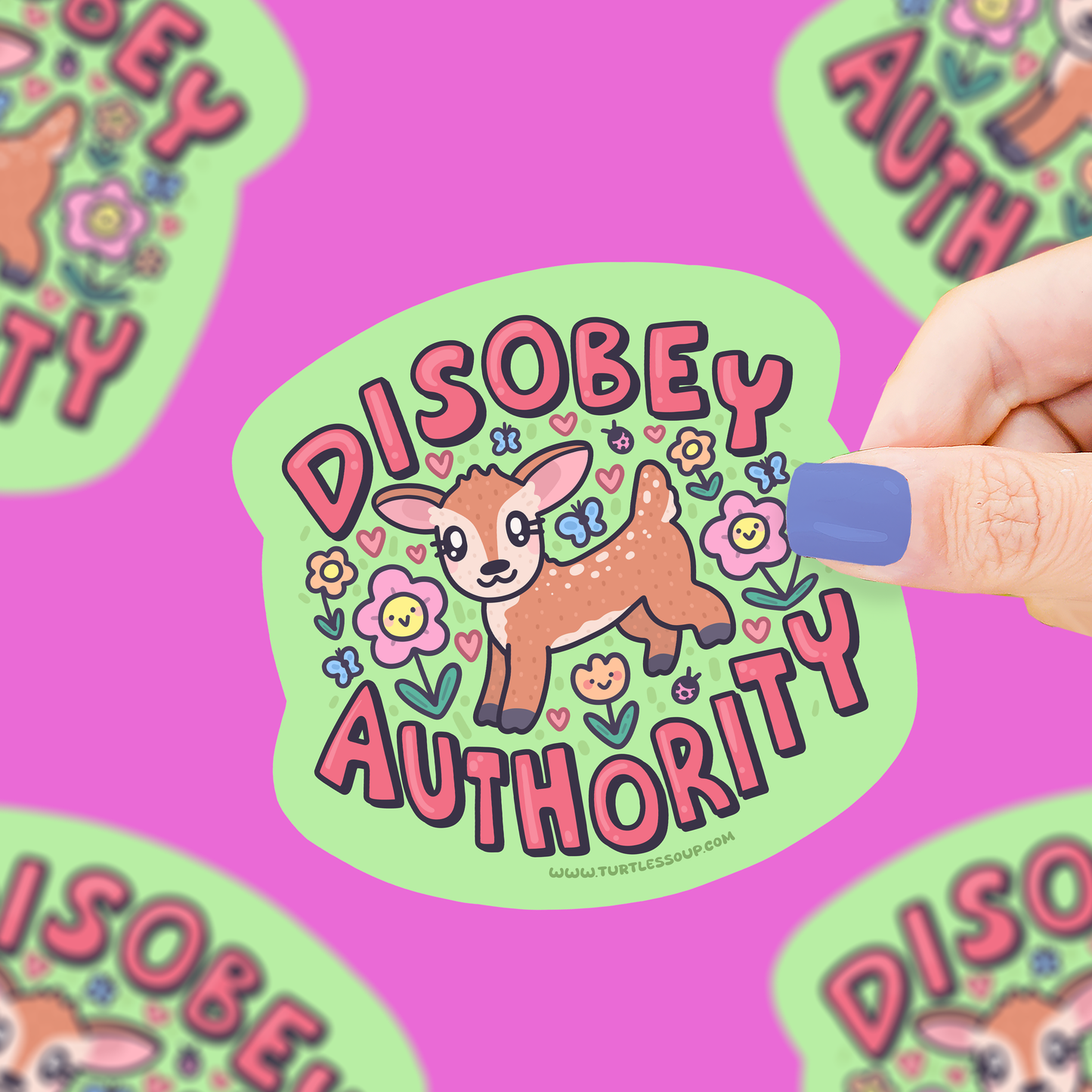 Disobey Authority, Deer, Cute, Forest, Vinyl Sticker