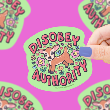 Disobey Authority, Deer, Cute, Forest, Vinyl Sticker