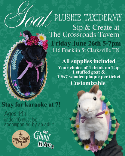 Goat Plushie taxidermy at Crossroads Tavern